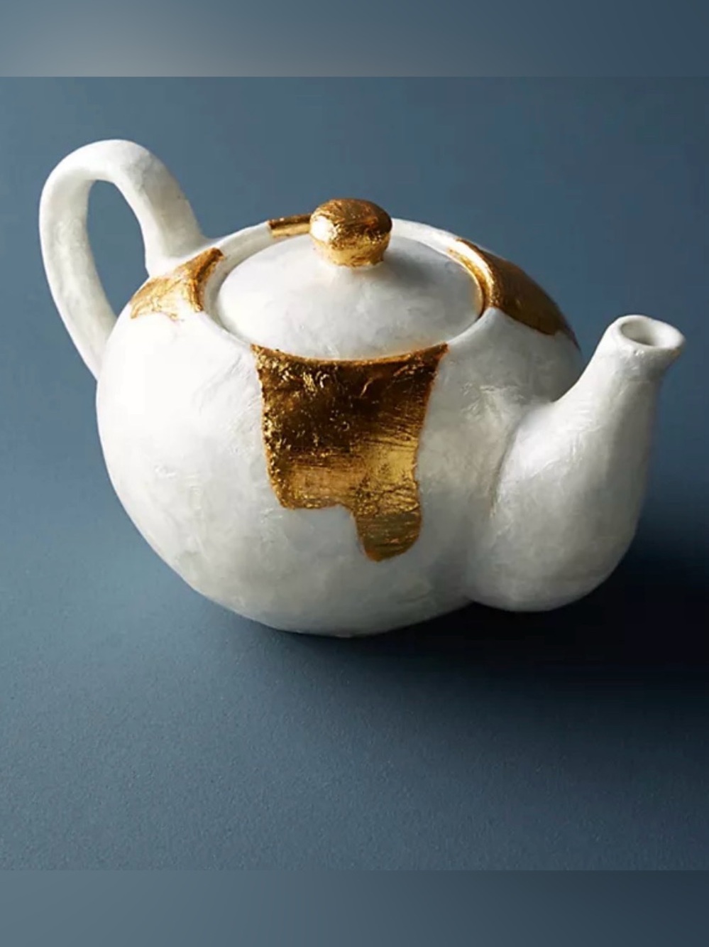 Ursula Anthropologie Pearl White and Gold Accent Ceramic Teapot Sculpture